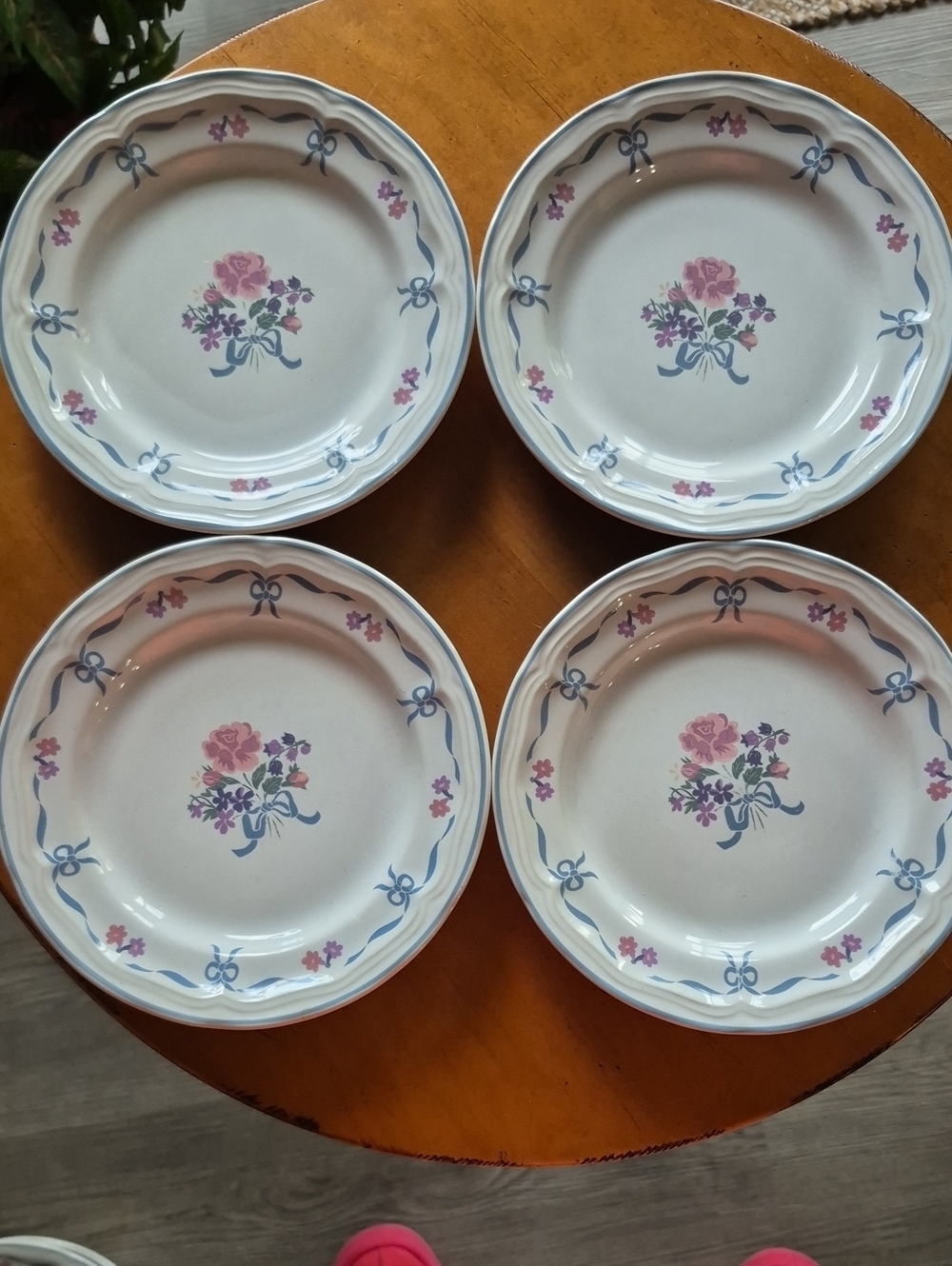 Vtg.Newcor Victoria Floral Bouquet Ceramic Salad Plates - Pink & Blue (Set of 4)
